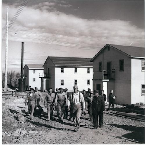 Miners leaving the bunkhouse at Rayrock Mine, 1957 (George Hunter Collection)