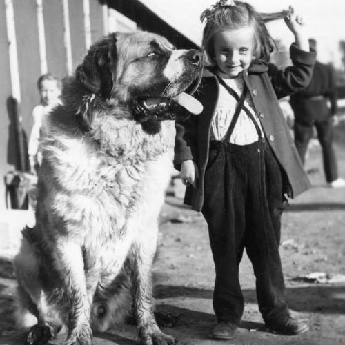 Sandra Smith with a dog at Negus Mine (Arnold Smith Collection)