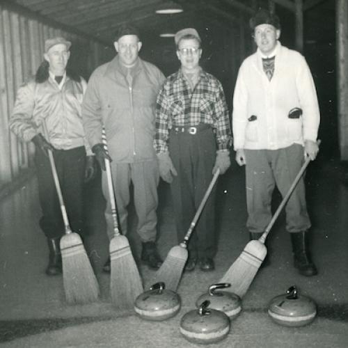 Curlers at Discovery Mine 1950s. Adam Murray, Norm Byrne, Tommy Russell, Geddes Webster. (Discovery Mine Collection)