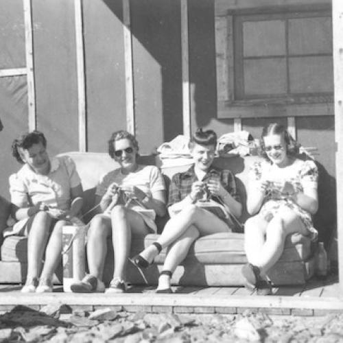 Some of the wives at Beaulieu Mine, 1946-1947. Evelyn Johnson, Hortense Stocking, Louise Fortens, Margaret Peckering. (Art and Louise Fortens Collection)