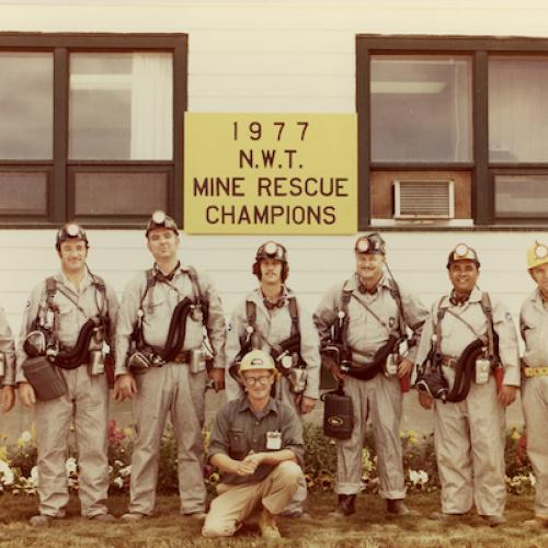 Giant Mine rescue champions 1977. Nick Majacich, Noel O'Sullivan, Paul bugg, Al Shearing, Brian Watson, Ed Castillo, Gunther Golchert, Ken Golstone (front). (Giant Mine Collection)